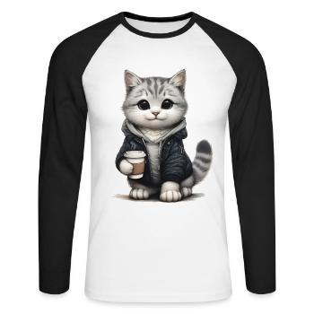 Petit chat mignon avec tasse à café et veste - T-shirt baseball manches longues Homme - blanc/noir - Devant - Nik (191cm)