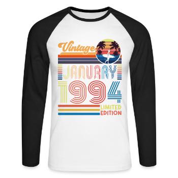 Anniversaire janvier 1994. Cadeau Janvier 1994. - T-shirt baseball manches longues Homme - blanc/noir - Devant - Nik (191cm)
