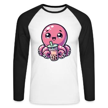 Octopus Drinking Bubble Tea kawaii Boba Octopus - Unisex Long Sleeve Baseball T-Shirt - white/black - Front - Nik (191cm)
