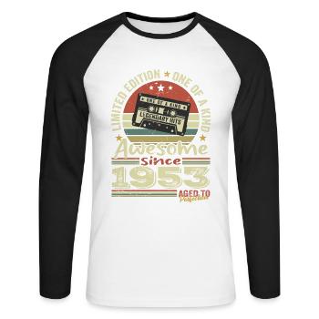 Jahrgang 1953 Original Retro Jubiläumsgeschenk - Unisex Baseballshirt langarm - Weiß/Schwarz - Vorne - Nik (191cm)