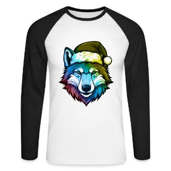 Tête de loup Noël Portrait coloré - T-shirt baseball manches longues Homme - blanc/noir - Devant - Nik (191cm)