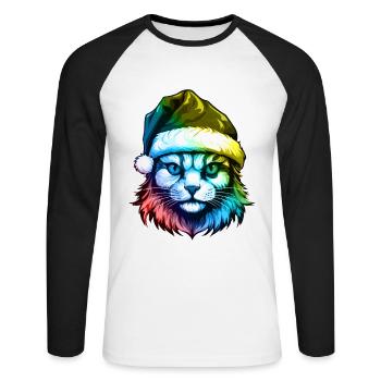 Tête de chat Noël Portrait Coloré - T-shirt baseball manches longues Homme - blanc/noir - Devant - Nik (191cm)