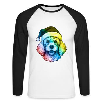 Caniche Chien Tête Noël Portrait Coloré - T-shirt baseball manches longues Homme - blanc/noir - Devant - Nik (191cm)