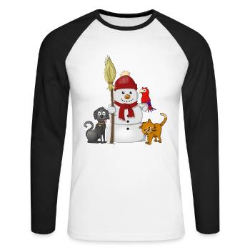 Bonhomme de neige avec écharpe rouge, chien, chat et perroquet - T-shirt baseball manches longues Homme - blanc/noir - Devant - Nik (191cm)