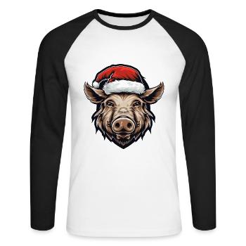 Sanglier Noël Animal Drôle Noël - T-shirt baseball manches longues Homme - blanc/noir - Devant - Nik (191cm)