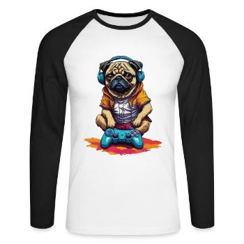 Funny Nerd Gaming Pug Dog with Controller - Unisex Long Sleeve Baseball T-Shirt - white/black - Front - Nik (191cm)