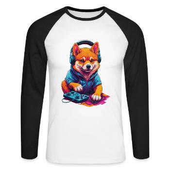 Gaming Shiba Dog Nerd with Retro Controller - Unisex Long Sleeve Baseball T-Shirt - white/black - Front - Nik (191cm)