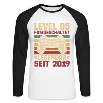 Level 5 freigeschaltet legendär seit 2019 - Unisex Baseballshirt langarm - Weiß/Schwarz - Vorne - Nik (191cm)