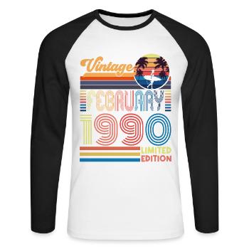 Anniversaire Février 1990. Cadeau Fevrier 1990. - T-shirt baseball manches longues Homme - blanc/noir - Devant - Nik (191cm)
