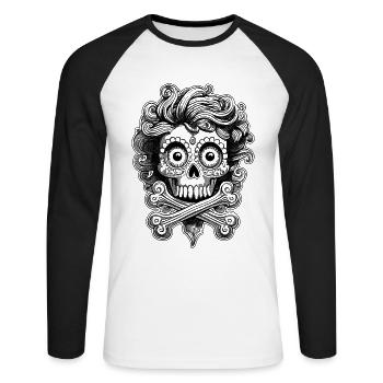 Urbane Streetwear Rebellion: Föhnfrisur Totenkopf - Unisex Baseballshirt langarm - Weiß/Schwarz - Vorne - Nik (191cm)