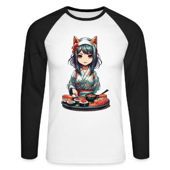 Anime Sushi Master Kawaii Fille Kemonomimi - T-shirt baseball manches longues Homme - blanc/noir - Devant - Nik (191cm)