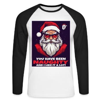 Affiche : Tu as été méchant, et j’aime ça, Père Noël - T-shirt baseball manches longues Homme - blanc/noir - Devant - Nik (191cm)