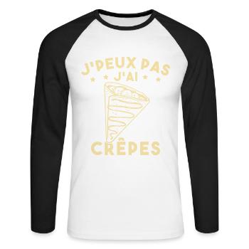 J'peux Pas J'ai Crêpes Cadeau Humour Drole - T-shirt baseball manches longues Homme - blanc/noir - Devant - Nik (191cm)