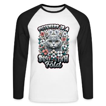 Süßes Scottish Fold Katzen Motiv - Unisex Baseballshirt langarm - Weiß/Schwarz - Vorne - Nik (191cm)