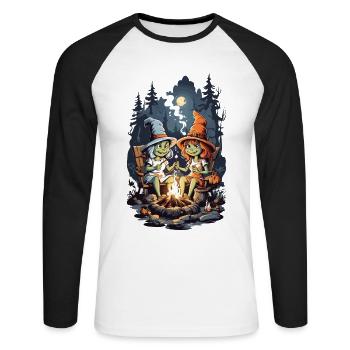 Witches Campfire Halloween Cartoon Kids - Unisex Long Sleeve Baseball T-Shirt - white/black - Front - Nik (191cm)