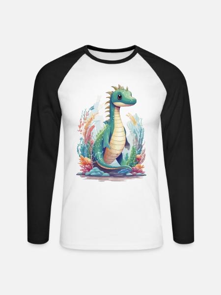 Cute Underwater Dinosaur Cartoon Design - Unisex Long Sleeve Baseball T-Shirt - white/black