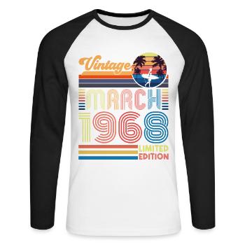 Geburtstag März 1968.Geschenk März 1968.März 1968 - Unisex Baseballshirt langarm - Weiß/Schwarz - Vorne - Nik (191cm)
