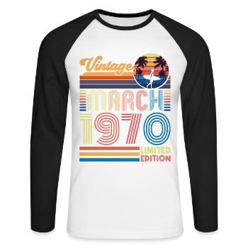 Anniversaire mars 1970.Cadeau Mars 1970.March 1970 - T-shirt baseball manches longues Homme - blanc/noir - Devant - Nik (191cm)