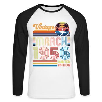 Anniversaire mars 1956.Cadeau Mars 1956.March 1956 - T-shirt baseball manches longues Homme - blanc/noir - Devant - Nik (191cm)