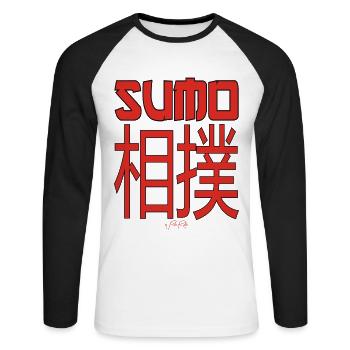 Text in Kanji Japanese: Sumo - Unisex Long Sleeve Baseball T-Shirt - white/black - Front - Nik (191cm)
