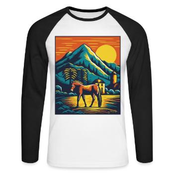Bunter Pferdehof mit Pferd - Unisex Baseballshirt langarm - Weiß/Schwarz - Vorne - Nik (191cm)