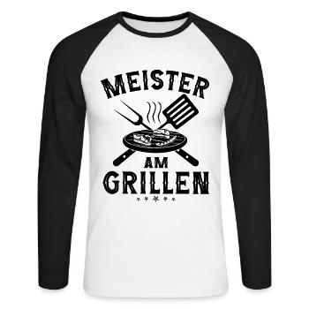 Meister Am Grillen BBQ - Unisex Baseballshirt langarm - Weiß/Schwarz - Vorne - Nik (191cm)