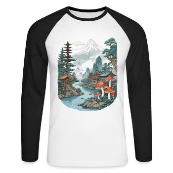 Vintage Mushroom Landscape Japan Aesthetic Design - Unisex Long Sleeve Baseball T-Shirt - white/black - Front - Nik (191cm)