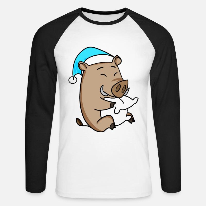 Cinghiale con cuscino e cuffia assonnata - Maglia da baseball a manica lunga da uomo - bianco/nero