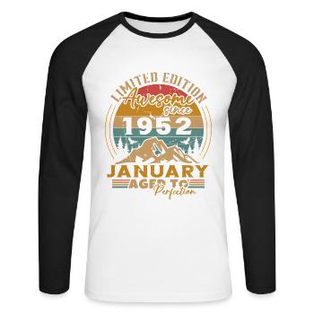Geburtstagsgeschenk, Jahrgang geboren im Januar 1952 - Unisex Baseballshirt langarm - Weiß/Schwarz - Vorne - Nik (191cm)