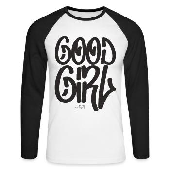 Text: Good Girl, gutes Mädchen - Unisex Baseballshirt langarm - Weiß/Schwarz - Vorne - Nik (191cm)