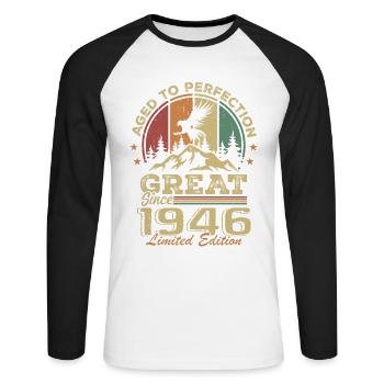 Anniversaire vintage 1946 - idée cadeau rétro 1946 - T-shirt baseball manches longues Homme - blanc/noir - Devant - Nik (191cm)