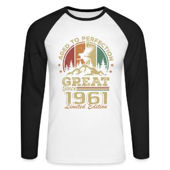 Anniversaire vintage 1961 - idée cadeau rétro 1961 - T-shirt baseball manches longues Homme - blanc/noir - Devant - Nik (191cm)
