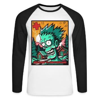 Cartoon Zombie: Willkommen in der Schweiz - Unisex Baseballshirt langarm - Weiß/Schwarz - Vorne - Nik (191cm)