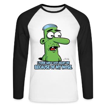 Mädchen stehen nur auf meine lange Nase - Unisex Baseballshirt langarm - Weiß/Schwarz - Vorne - Nik (191cm)