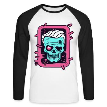 Pop Farbe Kunst: Verspielter alter Totenkopf - Unisex Baseballshirt langarm - Weiß/Schwarz - Vorne - Nik (191cm)
