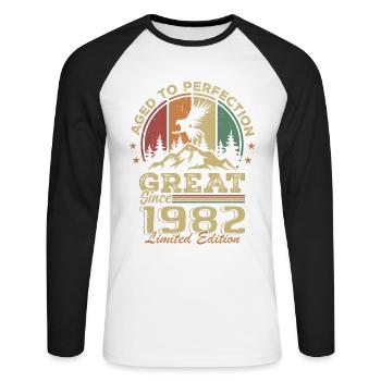 Jahrgang 1982 Geburtstag - 1982 Retro Geschenkidee - Unisex Baseballshirt langarm - Weiß/Schwarz - Vorne - Nik (191cm)