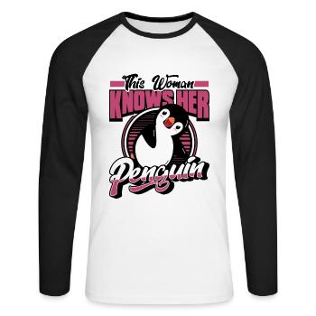 Cette femme connaît son oiseau marin pingouin - T-shirt baseball manches longues Homme - blanc/noir - Devant - Nik (191cm)