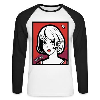 Cartoon Anime Fille, Bouche Ouverte, Étonnement - T-shirt baseball manches longues Homme - blanc/noir - Devant - Nik (191cm)