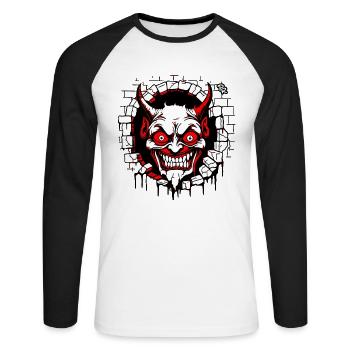 Aus dem Riss in der Wand schaut ein Satan heraus - Unisex Baseballshirt langarm - Weiß/Schwarz - Vorne - Nik (191cm)