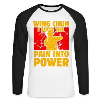 Wing Chun : Je transforme la douleur en Puissance - T-shirt baseball manches longues Homme - blanc/noir - Devant - Nik (191cm)