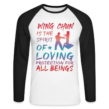 Wing Chun ist der Geist des liebevollen Schutzes - Unisex Baseballshirt langarm - Weiß/Schwarz - Vorne - Nik (191cm)