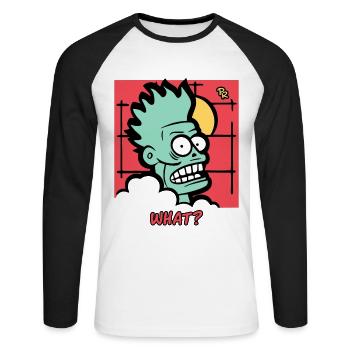 Zombie fragt: Was denn? - Unisex Baseballshirt langarm - Weiß/Schwarz - Vorne - Nik (191cm)