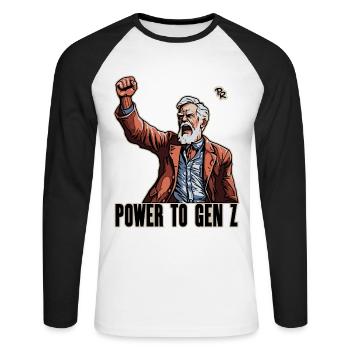Faust in die Höhe, Boomer Protest: Power für Gen Z - Unisex Baseballshirt langarm - Weiß/Schwarz - Vorne - Nik (191cm)