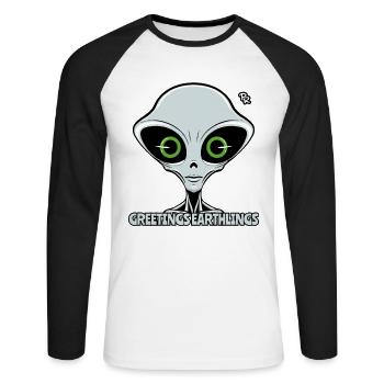 Salutations, Terriens : Extraterrestre Gris - T-shirt baseball manches longues Homme - blanc/noir - Devant - Nik (191cm)