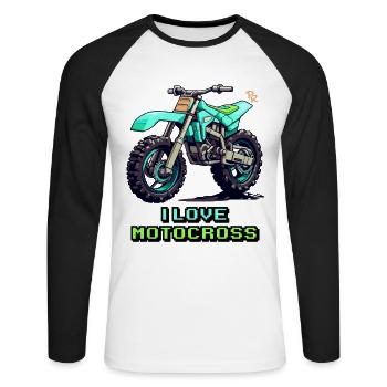 Pixelkunst Motorrad: Ich liebe Motocross - Unisex Baseballshirt langarm - Weiß/Schwarz - Vorne - Nik (191cm)