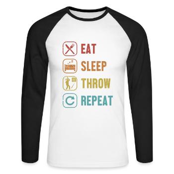 Eat Sleep Throw Repeat Axe Throwing Game Axe - Unisex Long Sleeve Baseball T-Shirt - white/black - Front - Nik (191cm)