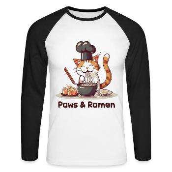 Pattes et Ramen Chats Drôles Dictons D’animaux - T-shirt baseball manches longues Homme - blanc/noir - Devant - Nik (191cm)