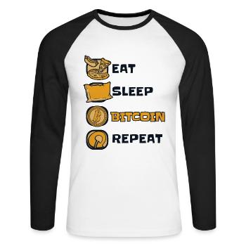 Eat Sleep Bitcoin Repeat Crypto-monnaie Blockchain - T-shirt baseball manches longues Homme - blanc/noir - Devant - Nik (191cm)