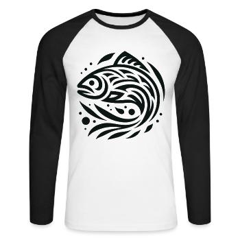 Lachs Indianer-Tierkreis - Unisex Baseballshirt langarm - Weiß/Schwarz - Vorne - Nik (191cm)