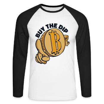 Buy The Dip Crypto Kryptowährung Blockchain - Unisex Baseballshirt langarm - Weiß/Schwarz - Vorne - Nik (191cm)